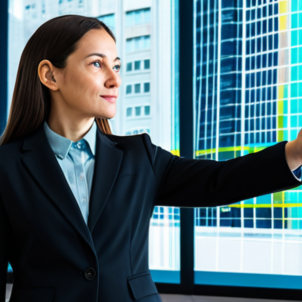 A professional urban planner, fully clothed in a modest business suit, stands confidently in a modern, bright office. She gestures towards a holographic projection displaying intricate data visualizations of urban patterns, subtly influencing the design of a vibrant city park. The scene emphasizes innovation and thoughtful city development. Perfect anatomy, correct proportions, natural pose, well-formed hands, proper finger count. High-quality professional photography, appropriate attire, safe for work, appropriate content, family-friendly.