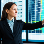A professional urban planner, fully clothed in a modest business suit, stands confidently in a modern, bright office. She gestures towards a holographic projection displaying intricate data visualizations of urban patterns, subtly influencing the design of a vibrant city park. The scene emphasizes innovation and thoughtful city development. Perfect anatomy, correct proportions, natural pose, well-formed hands, proper finger count. High-quality professional photography, appropriate attire, safe for work, appropriate content, family-friendly.