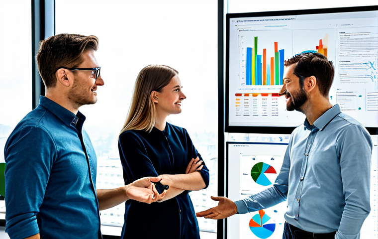 **
"A diverse team of professionals – a data scientist, a designer, and a programmer – collaborating on a data visualization project in a bright, modern office. They are looking at a large screen displaying an interactive data dashboard. Everyone is fully clothed in appropriate professional attire. The atmosphere is collaborative and positive. Perfect anatomy, correct proportions, natural pose, well-formed hands, proper finger count, natural body proportions. Safe for work, appropriate content, fully clothed, professional, family-friendly."
**