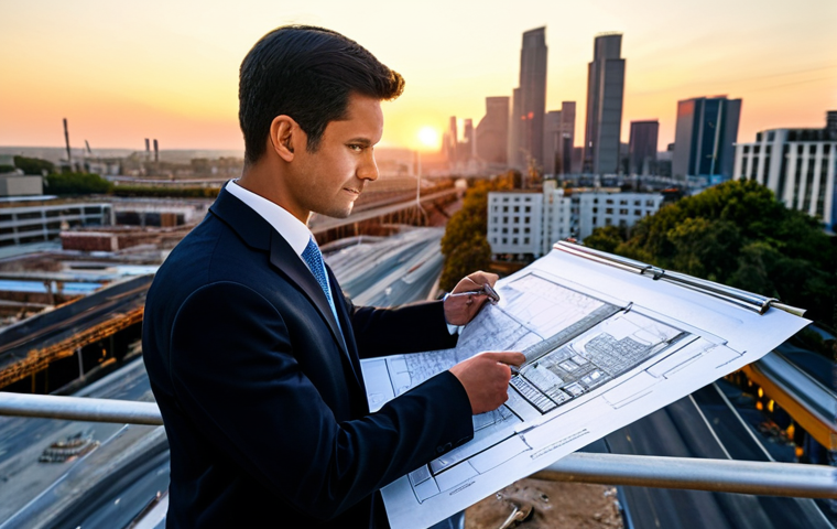 **Subject:** A professional architect, fully clothed in appropriate business attire, reviewing blueprints on a construction site. Background includes a cityscape at sunset.
**Details:** Perfect anatomy, correct proportions, natural pose, well-formed hands, proper finger count, professional, modest, family-friendly, safe for work, appropriate content.