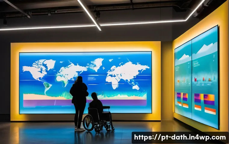 데이터 기반 예술 프로젝트의 평가 기준 - A contemporary art gallery scene featuring a large interactive data visualization installation about...