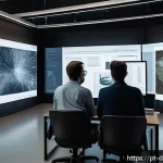 Home 21 데이터 분석을 통한 예술 작품 평가 방법 - A modern art authentication laboratory scene featuring a diverse group of experts analyzing high-res...