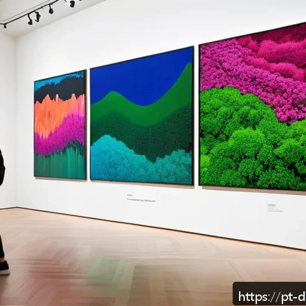 데이터 아트의 비즈니스 모델 연구 - A vibrant digital art installation set in a contemporary Brazilian gallery, featuring a large intera...