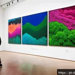 Home 19 데이터 아트의 비즈니스 모델 연구 - A vibrant digital art installation set in a contemporary Brazilian gallery, featuring a large intera...