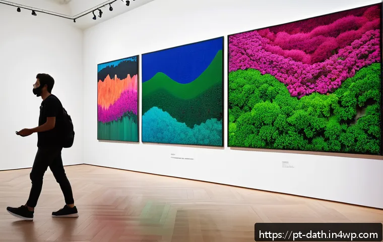데이터 아트의 비즈니스 모델 연구 - A vibrant digital art installation set in a contemporary Brazilian gallery, featuring a large intera...