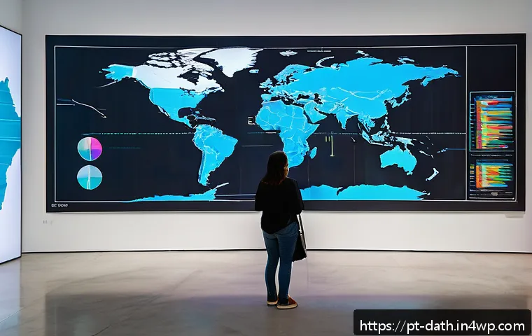 데이터 기반 아트의 문화적 차이 - A vibrant interactive art installation in a modern São Paulo gallery, showcasing colorful data visua...