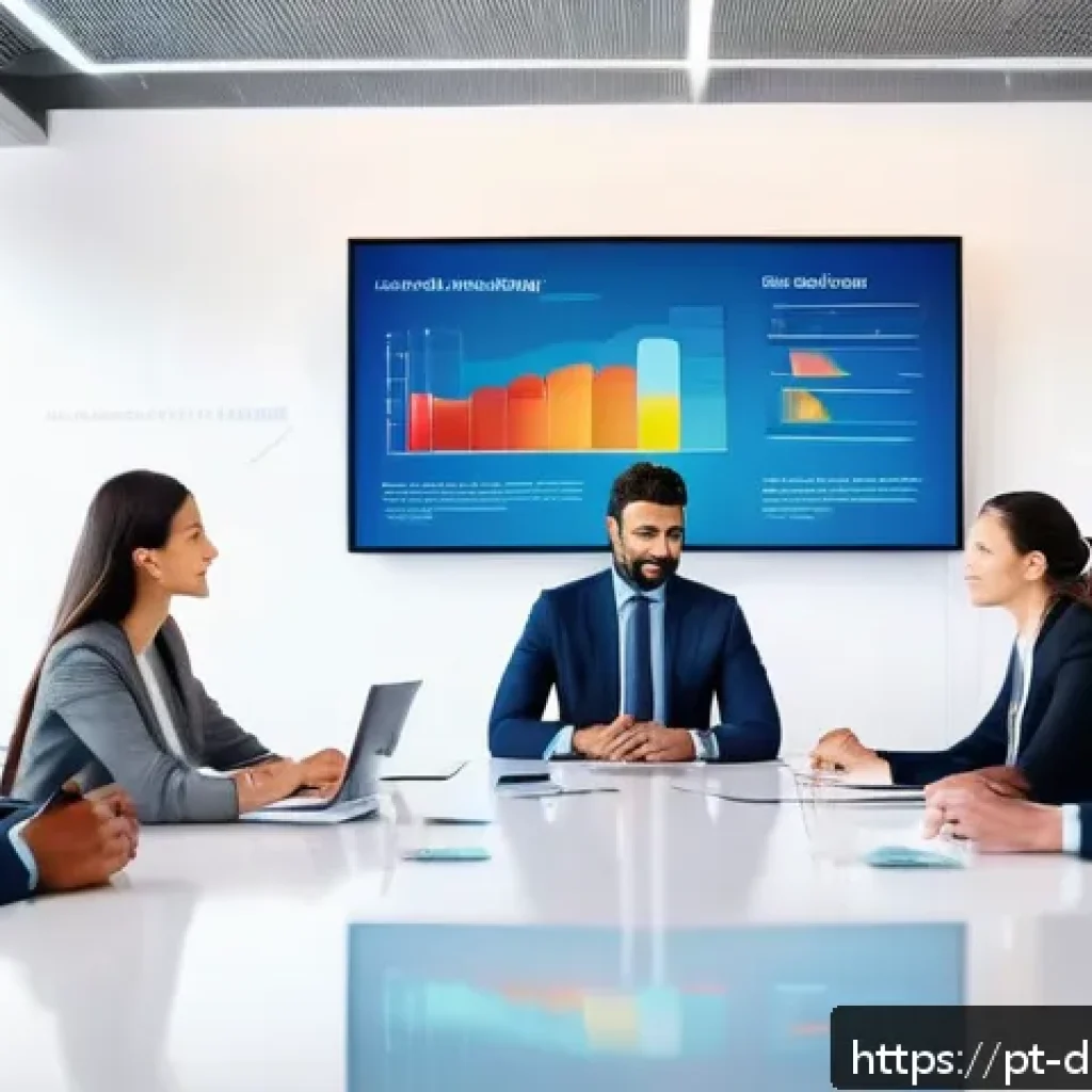 데이터 시각화의 감정적 영향 - A professional office setting showing a diverse team of businesspeople gathered around a large digit...