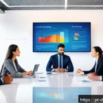 Home 23 데이터 시각화의 감정적 영향 - A professional office setting showing a diverse team of businesspeople gathered around a large digit...