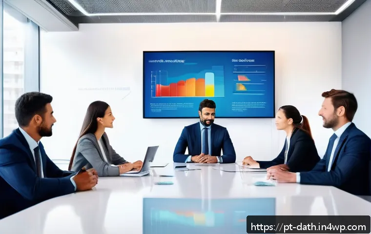 데이터 시각화의 감정적 영향 - A professional office setting showing a diverse team of businesspeople gathered around a large digit...