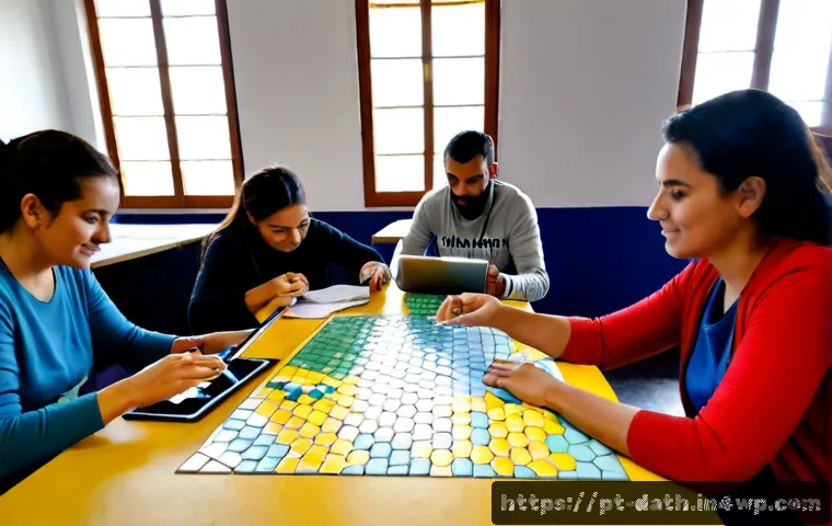 Home 17 데이터 기반 크라우드소싱 아트 프로젝트 - Photorealistic community art workshop in Lisbon, Portugal, diverse adult volunteers seated around a ...